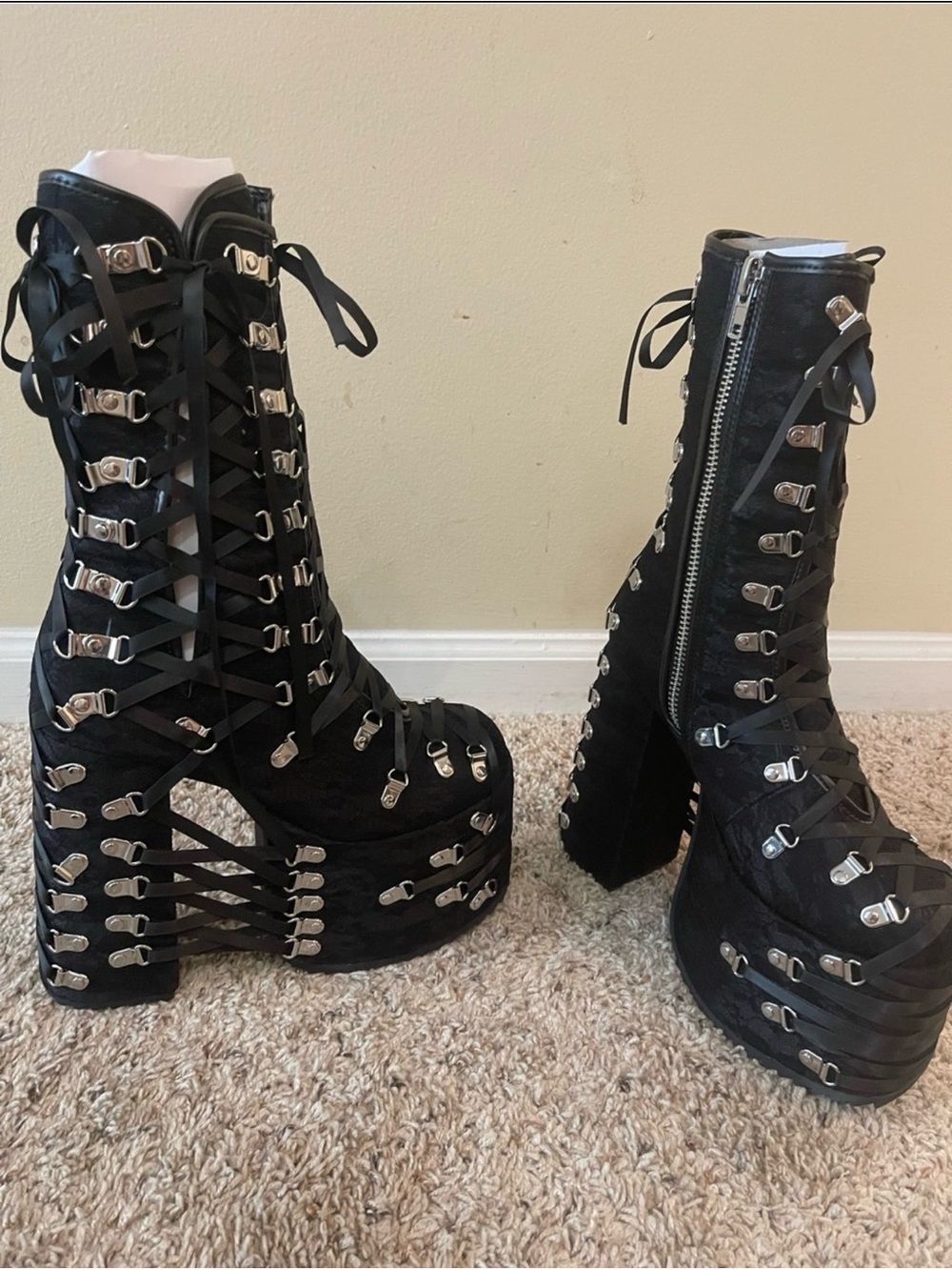Women’s Black Lace-Up Platform Ankle Boots with Silver Hardware